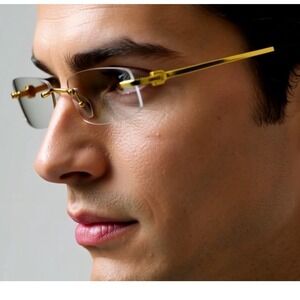 Rimless Rectangle Eyeglasses Gold Frame‎ Clear Lens Fashion Casual Look Rapper